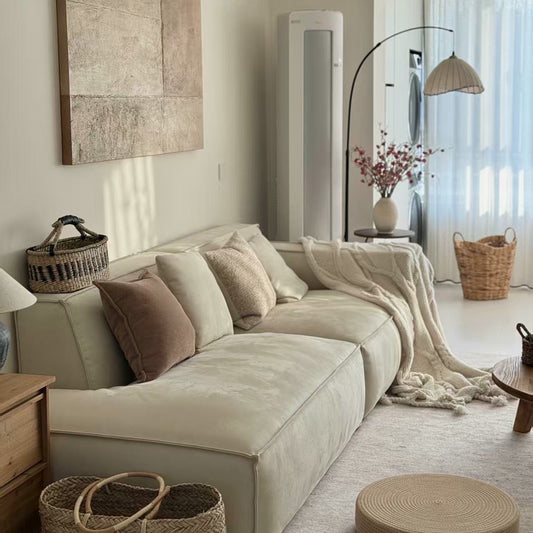 Minimalist Cream Lounge Sofa a€?Deep-Seat 3-Seater with Soft Fabric and Casual Wabi-Sabi Aesthetic