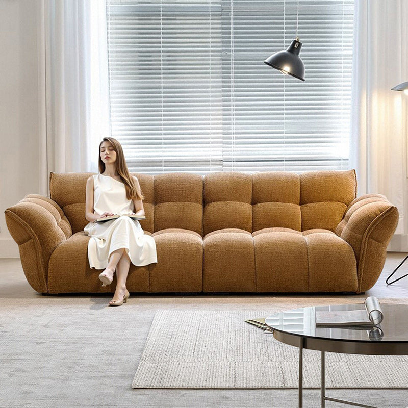 Mid-Century Modern Tufted Sofa in Caramel Fabric a€?Plush 3-Seater with Flared Armrests and Deep Cushions