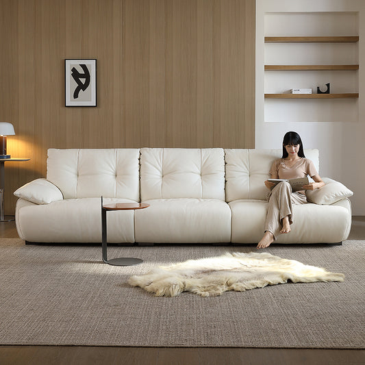 Modern Pillow-Top Leather Sofa in Cream White a€?Deep Seat 4-Seater Couch with Tufted Back and Low Profile Design