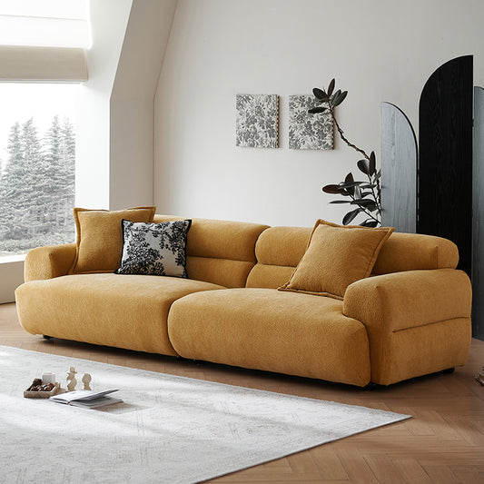 Contemporary Low-Profile Sectional Sofa in Mustard Yellow Fabric a€?Plush 3-Seater with Deep Seat and Modern Curves