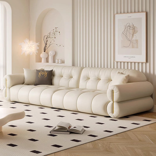 Modern Tufted Rolled Arm Sofa in Cream Faux Leather a€?Plush 4-Seater with Sculptural Design and Soft Curves