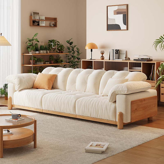 Scandinavian Wood-Frame Sofa in Cream Upholstery a€?Plush 4-Seater Couch with Pillow Top Arms and Natural Oak Base