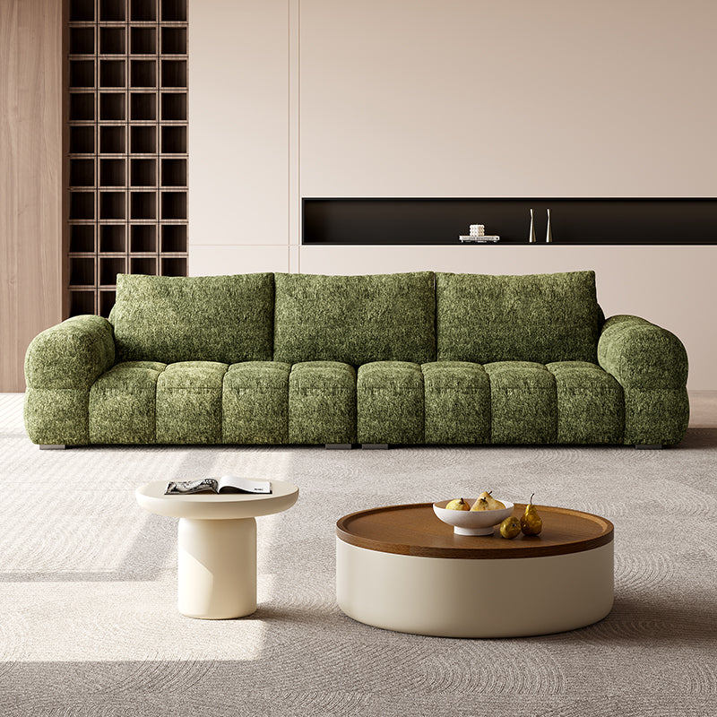 Modern Boucl¨¦ Sofa in Moss Green a€?Oversized 4-Seater with Deep Tufted Cushions and Low-Profile Design