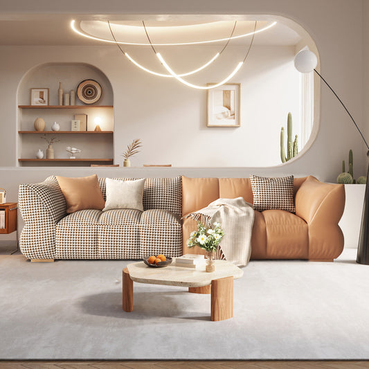 Modern Patchwork Sectional Sofa a€?Houndstooth & Leather Mix 4-Seater in Caramel and Cream