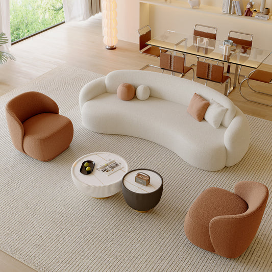Curved Modern Boucl¨¦ Sofa in Cream a€?Sculptural 3-Seater with Soft Arch Silhouette and Accent Cushions